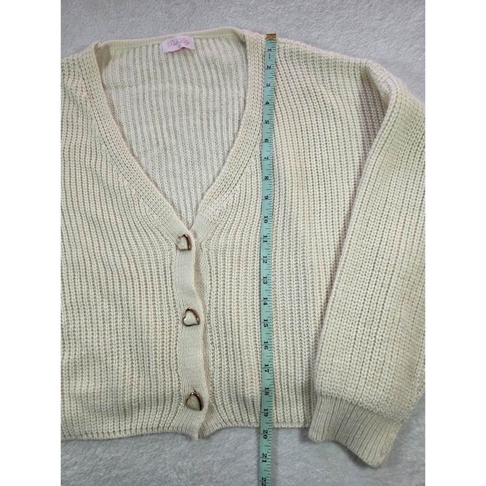Pink Lily Cream Cropped Knit Cardigan Gold Heart Buttons Coquette Small - Picture 6 of 7